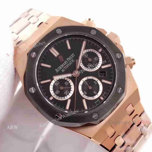 Swiss 7750 Replica Audemars Piguet Royal Oak Watch Rose Gold Black Chronograph